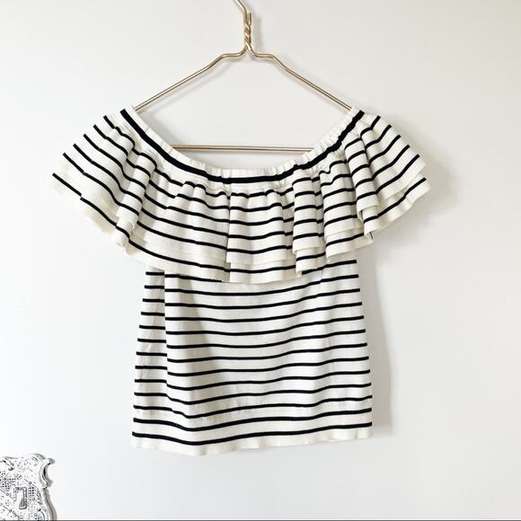 NWOT J. Crew Selena Navy Striped Off The Shoulder Ruffled Sweater Top S - Picture 7 of 9